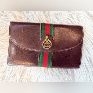 Vintage Gucci Brown Leather Clutch with Green and Red Stripe
